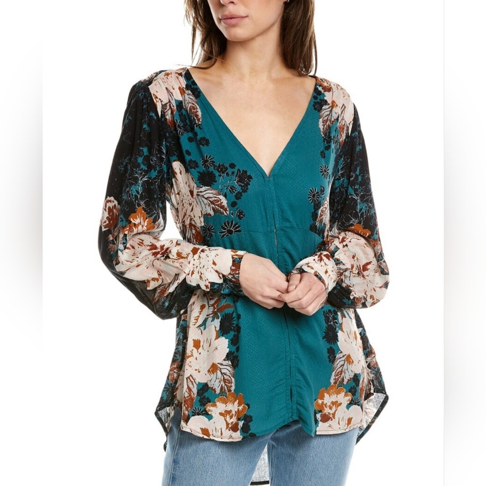 Free People Mikayla Floral Printed Tunic Blouse Size L Green Balsam Boho